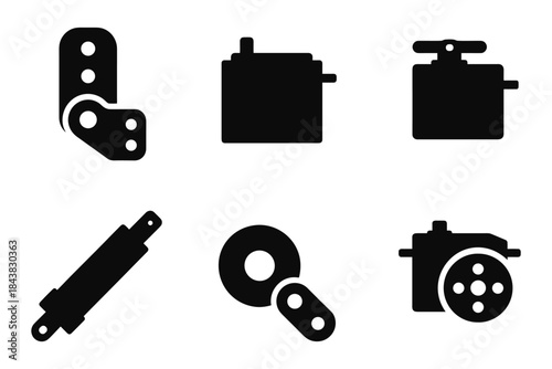 Industrial equipment black silhouette icons set for machinery and engineering design projects