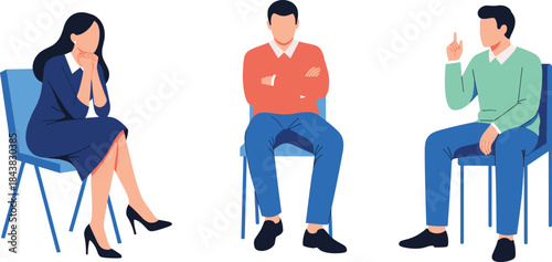 Flat Minimalist Vector Set of Three People Sitting in Chairs, Engaged in Discussion, Consultation, or Interview, Ideal for Business and Corporate Graphics.
