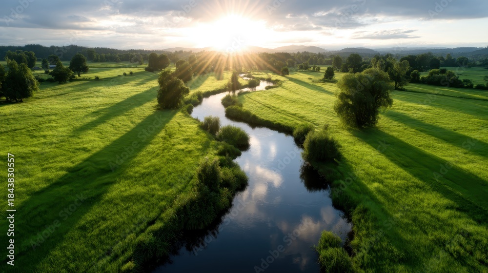 Obraz premium An enchanting river landscape bathed in golden sunlight, showcasing lush greenery and reflections, evoking feelings of peace, tranquility, and the beauty of nature.