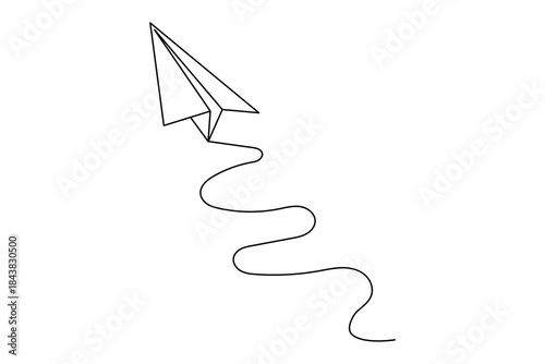 Paper plane continuous  line art with swirling flight path on white background vector illustration