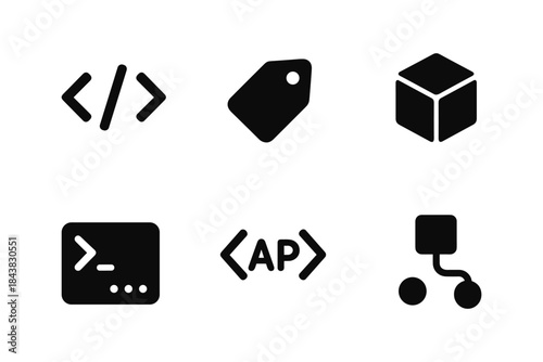 Minimalist black icons: code, tag, cube, command, api, flowchart
