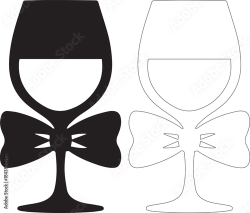 Black and white wine glass icons with bow tie design on stem