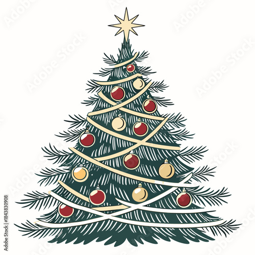 A simple illustration of a festive christmas tree with ornaments and a star topper Vector