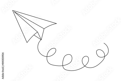 Paper plane continuous  line art with swirling flight path on white background vector illustration