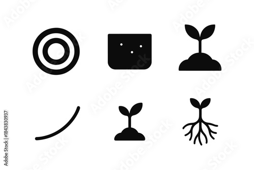 Minimalist nature icons set: growth, soil, and plant symbols for environmental design