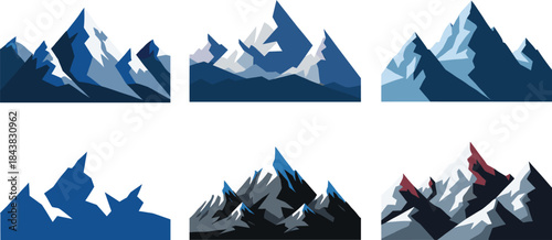 Low-Poly Vector Collection of Stylized Mountain and Desert Rock Formations in Vibrant Colors, Perfect for Video Game Backgrounds, Map Elements, or Mobile App Assets.