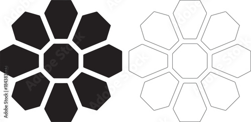 Hexagonal flower shapes in black and outline