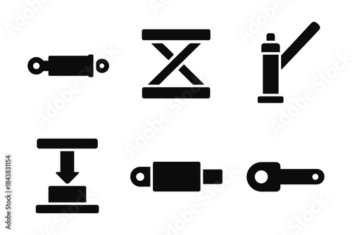 Hydraulic equipment icons set: minimalist silhouette design of industrial tools