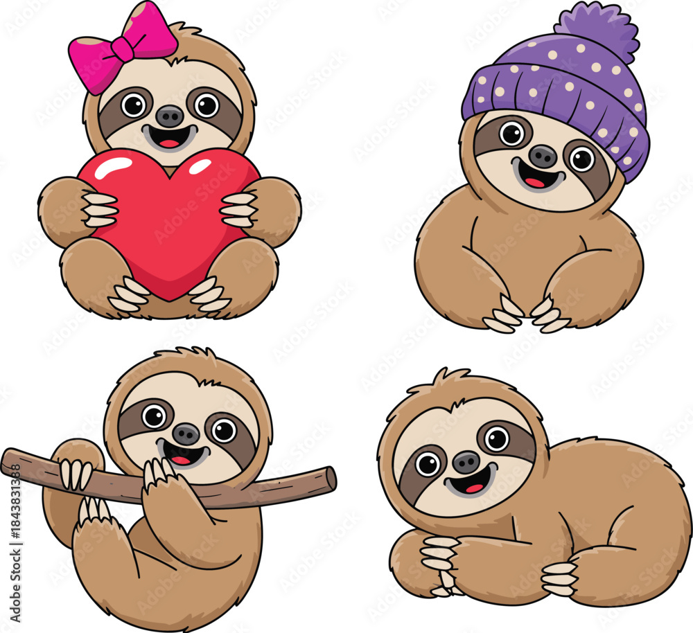 Obraz premium Adorable Cartoon Sloth Character Vector Set, Including Sloth with Heart, Knit Hat, Pink Bow, and Hanging on a Branch, for Nursery and Valentine's Design.
