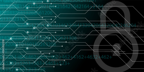 Safety concept, Closed Padlock on digital, cyber security, Blue abstract hi speed internet technology background illustration. key