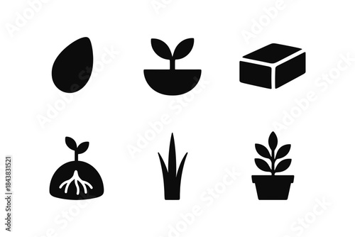 Collection of plant growth and gardening icons in silhouette style