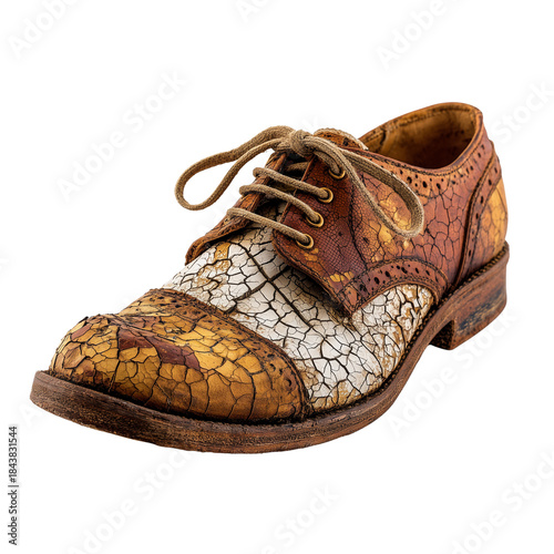 Distressed vintage leather brogue shoe with unique cracked texture and rustic appeal, isolated on white background