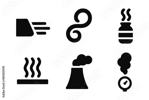 Set of black steam icons with different designs and shapes