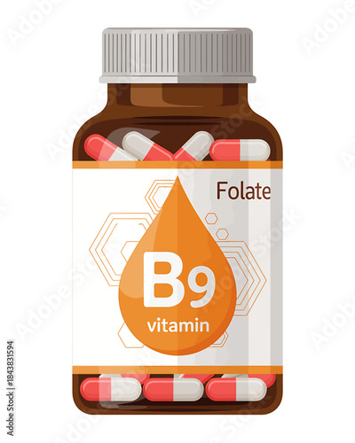 Vitamin B9 Supplement Bottle with Capsules Illustration