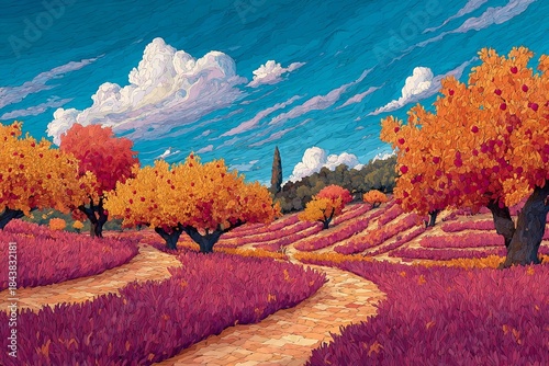 Colorful autumn landscape with trees and a winding path under a blue sky in a rural area