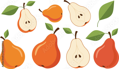 Stylized Vector Illustration Set of Ripe Pears, Featuring Whole and Halved Fruits with Leaves, Ideal for Healthy Food, Autumn Harvest, or Recipe Decoration.