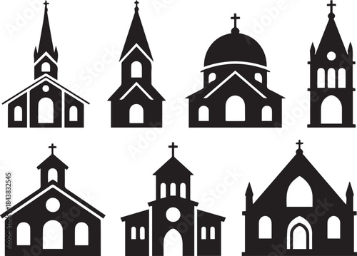 Church silhouette collection, black vector icons, religious architecture graphic, steeples and crosses, chapel design set, historic worship building clipart