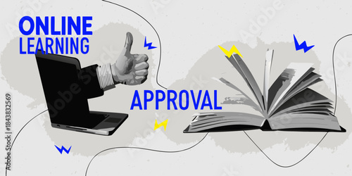Online learning approval a hand giving thumbs up with book and laptop