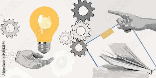 A bright idea connecting gears hands and an open book of knowledge