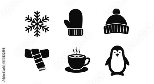 Cozy winter silhouette icons: snowflake, mittens, beanie, scarf, hot drink, penguin