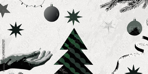 Festive christmas decorations including trees ornaments and a hand with snowflakes