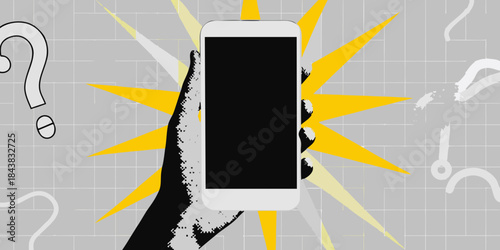 A hand holding a smartphone with question marks and bright yellow burst