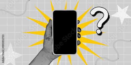 A hand holding a black smartphone with a question mark and stars