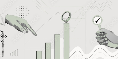 Analyzing data with magnifying glass and bar graph ensuring quality control