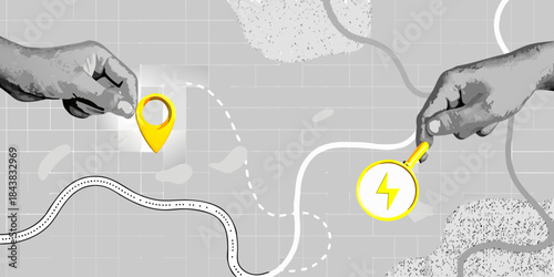 Hands interacting with a map tracing routes and pinpointing a location