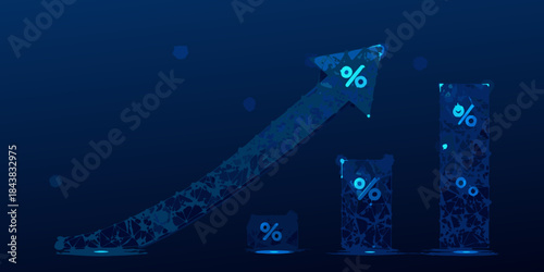 Digital growth illustration a blue arrow pointing upwards with percentage signs
