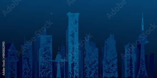 Abstract blue cityscape with silhouetted buildings and a night sky