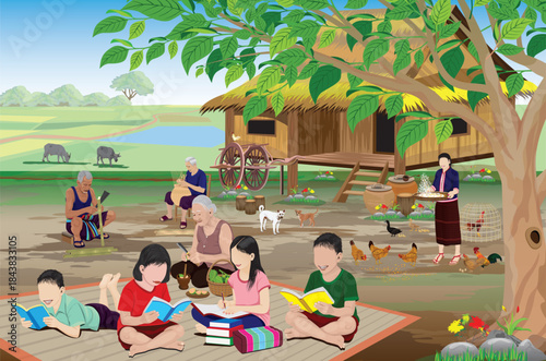 The way of life of villagers in the countryside vector design