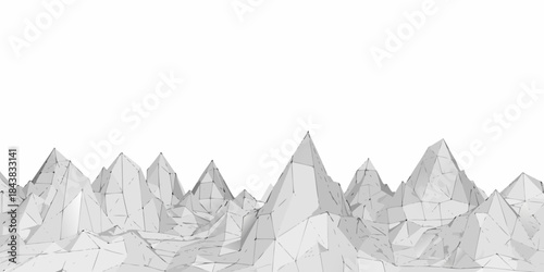 Minimalist wireframe landscape of sharp polygonal peaks against a white backdrop