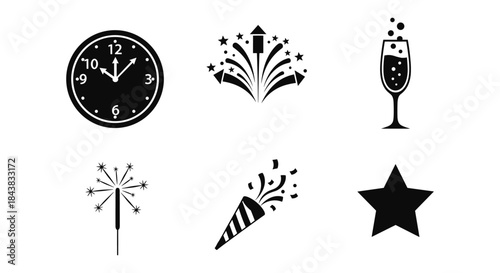 New year celebration icons: clock, fireworks, champagne, party poppers, star