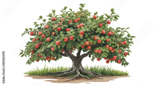 A tree with many apples on it. The tree is very large. The apples are red