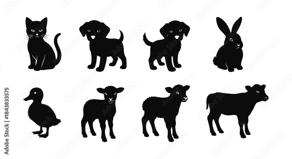Obraz premium Silhouette farm animals and pets: cats, dogs, rabbit, duck, sheep, calf