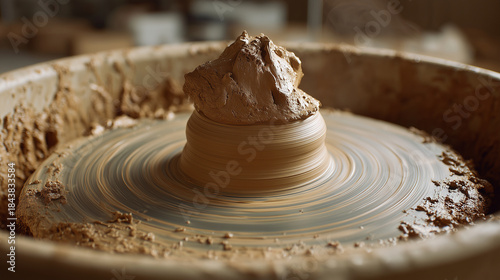 Close-up of pottery wheel spinning with shapeless clay lump starting to form a vessel