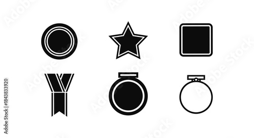 Black and white medal and badge icon set featuring stars and shapes