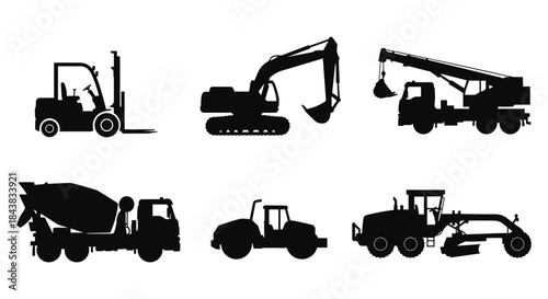Silhouette construction vehicles collection: excavator, forklift, crane, mixer