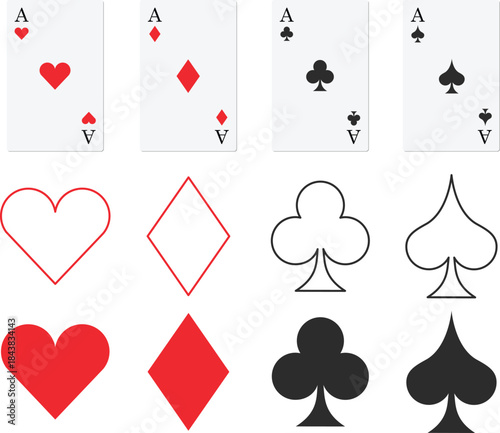 Playing card suits icons including heart, diamond, club, and spade. Classic casino symbols shown as outlines and filled shapes. Perfect for poker, blackjack, gambling, and game design graphics.