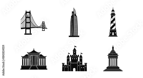 Iconic landmarks set: silhouette bridge, skyscraper, lighthouse, temple, castle, monument designs