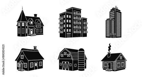 Diverse building silhouettes: classic to modern architecture collection