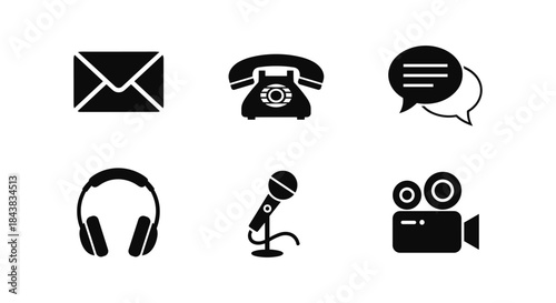 Classic communication icons: phone, microphone, headphones, camera, and more in silhouette style