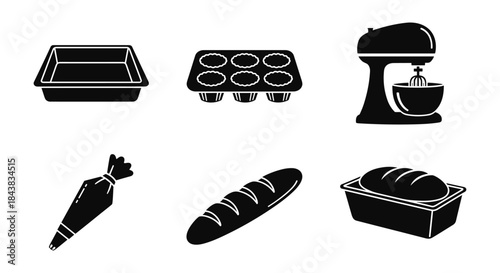 Silhouette baking essentials: mixer, tray, piping bag, bread, muffins