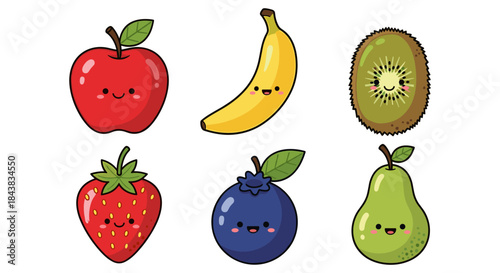 Cute smiling fruits collection with faces in colorful cartoon style