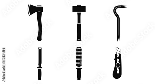 Silhouette set of workshop hand tools: axe, hammer, crowbar, chisel, file, utility knife