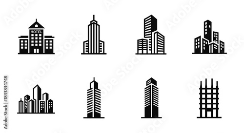 Urban building icons set featuring minimalist black silhouette designs of hotels and skyscrapers