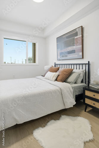 Bed with a white comforter and pillows