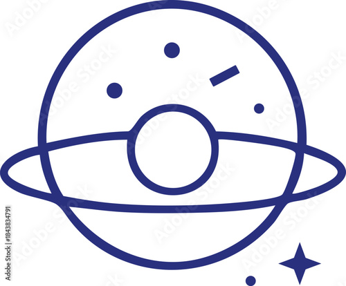 A simple blue line art illustration depicts a planet with rings and a few scattered stars
