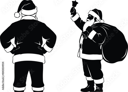 Santa Claus silhouette, festive holiday icon, Christmas character vector, bell and sack graphic, black illustration, seasonal celebration design